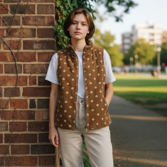 easel Jackets & Blazers - Easel Tan Corduroy Vest with Cream Dots